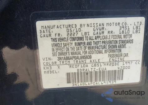 2010 Nissan Sentra 2.0Sr z USA, uszkodzony, nr VIN 3N1AB6AP0AL695939